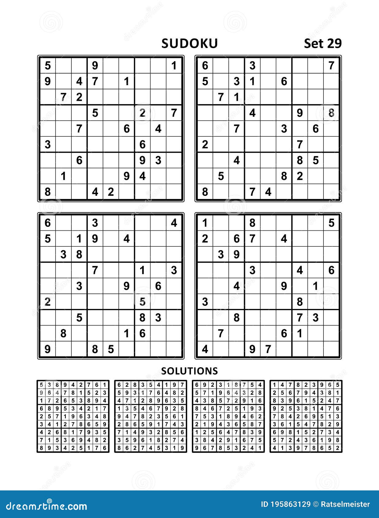 four sudoku games with answers of medium level. set 29.